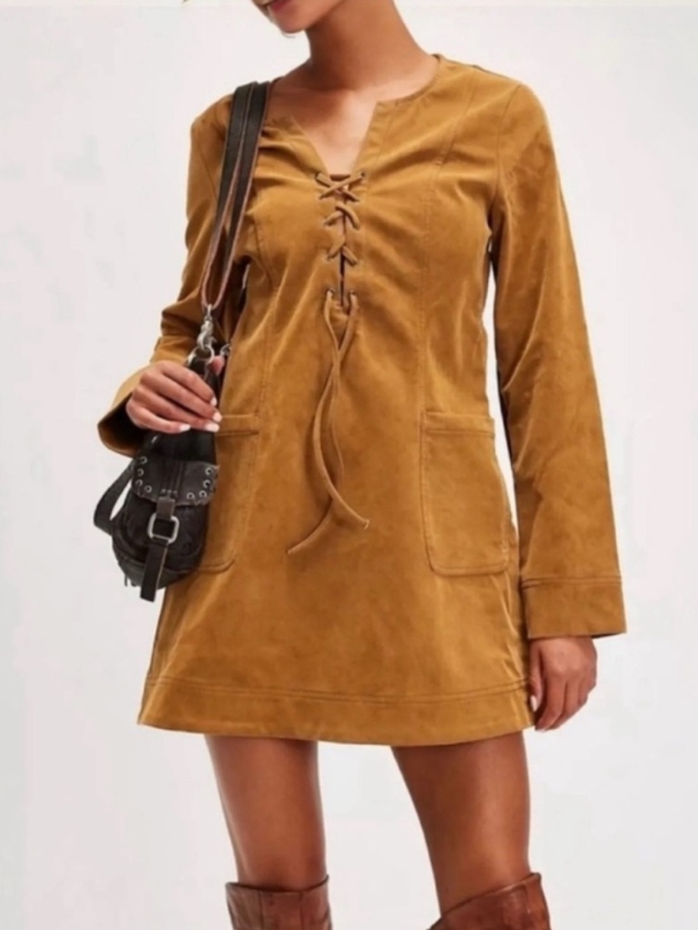 NWT Free People Bradley Faux Suede Mini Dress in Tobacco Brown Size Medium